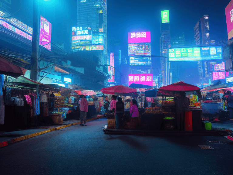 Indonesian cyberpunk street market, generated using Stable Diffusion v1.5 and Cyberpunk Scene LoRA.